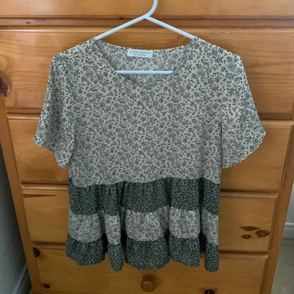 Paper Crane Green Floral Mixed Pattern Blouse medium BoHo CottageCore Whimsy